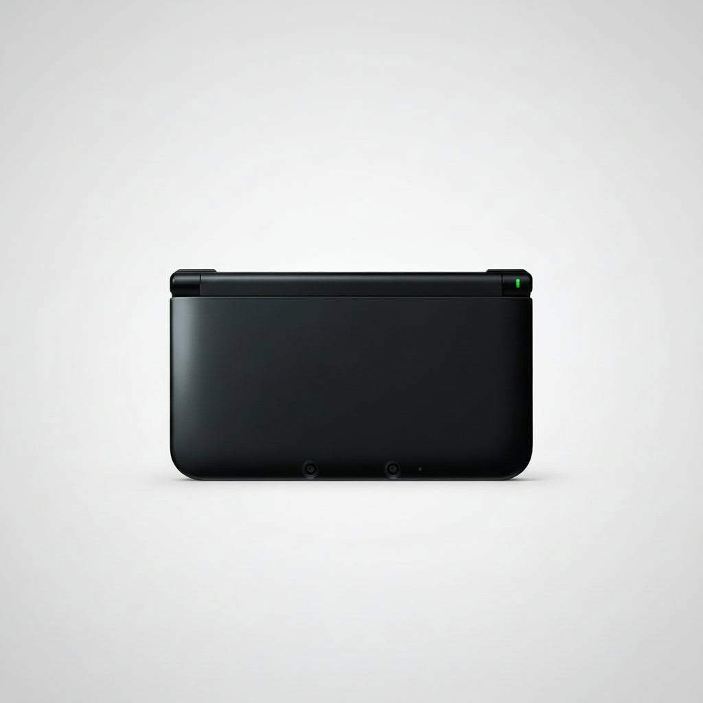 Black electronic device on a white background Black handheld gaming device with a screen displaying a game on a gray background Modified Nintendo 3DS XL with custom firmware, Luma3DS, homebrew apps, emulators, customizable themes, and enhanced performance features.