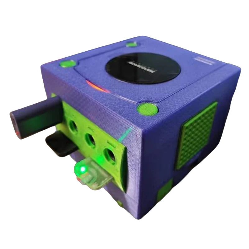Angled view of the 3D printed purple and green GameCube custom shell build, unique modded console to buy online UK