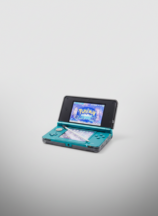 Nintendo 3DS gaming console with a blue shell displaying the 'Pokémon' game on a textured 3DS Modded 3DS Custom Firmware surface. Red Nintendo 3DS with a game displayed on a desk with computer equipment. Handheld 128gb 256gb custom firmware emulators anemone h shop modded 3ds 3dsxl new2dsxl 2ds N3DSXL new gaming retro handheld