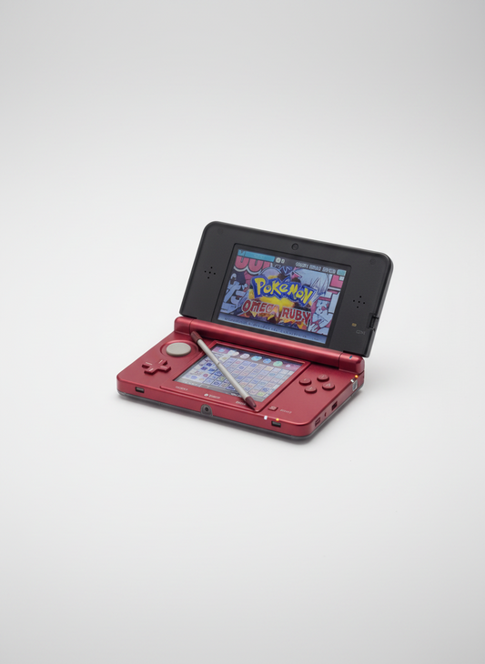 Red Nintendo 3DS gaming console with a screen displaying a game on a white modded retro handheld, 3ds, New3dsxl, 3dsxl, background, retro console, gaming handheld, 128gb 3ds custom firmware modded anemone theme manager theme plaza h shop homebrew, 256gb, custom made clear case shell 3ds
