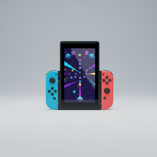 Two gaming consoles, one red and black, one blue and black, with a blurred background of two people holding gaming devices. Nintendo Switch