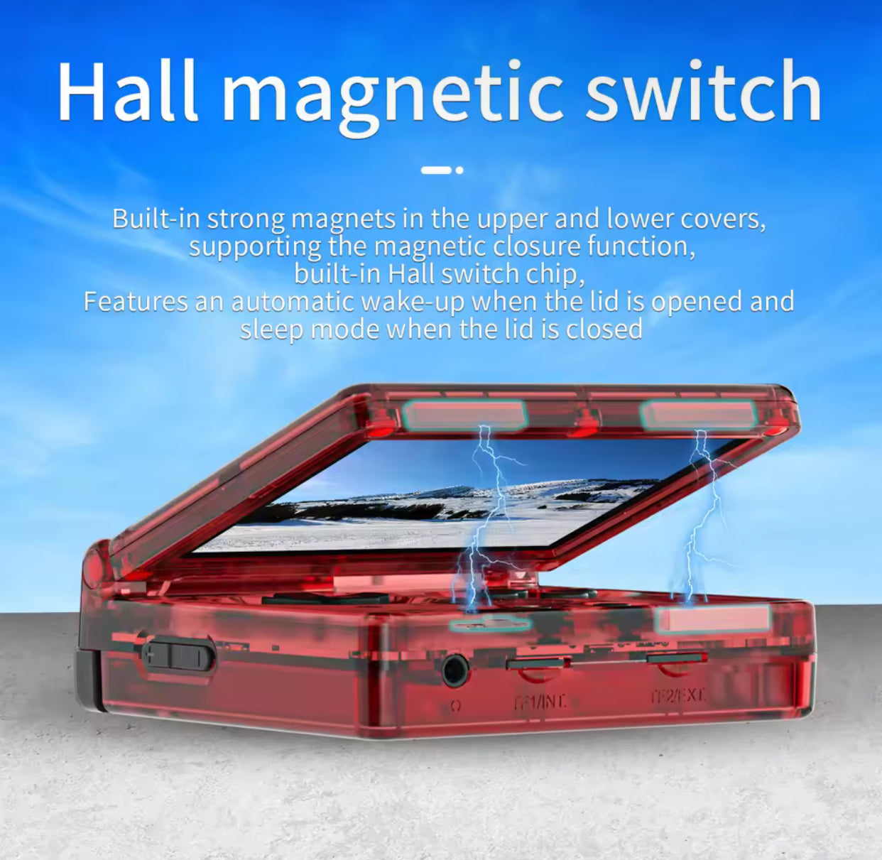 Red electronic device with open lid on a gray surface, featuring text about hall magnetic switch.Modded Game Boy Advance SP with 64GB memory card, IPS backlit screen and custom shell – restored and upgraded handheld console.”