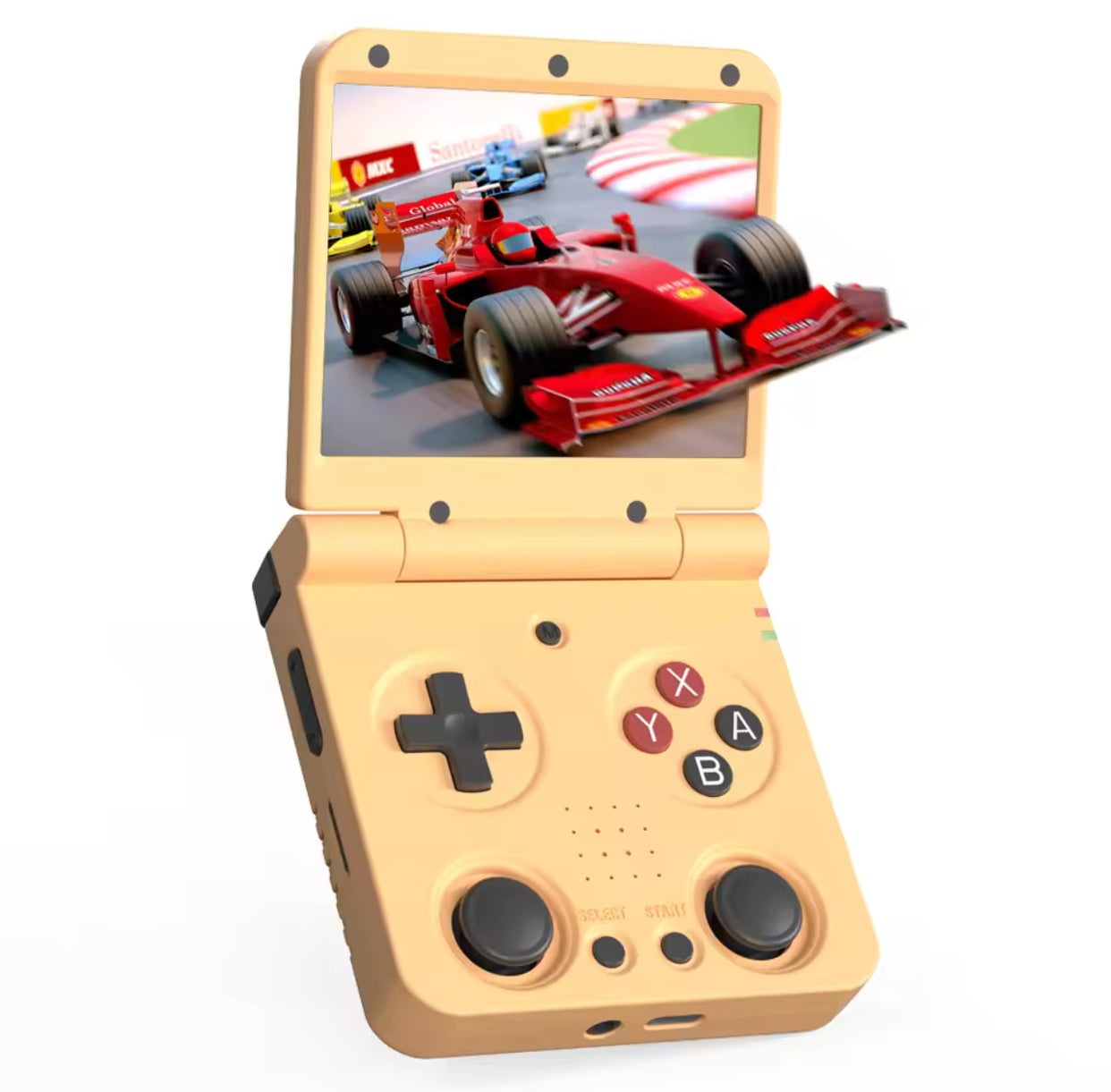 Toy-like handheld device with screen displaying a racing game on a white background MIYOO Flip V2 retro handheld gaming console with clamshell design, 3.5-inch IPS 640×480 screen, RK3566 quad-core CPU, dual analog sticks, 1GB RAM, 64GB microSD support, Wi-Fi, Bluetooth, USB-C charging, 3000mAh battery, metal hinge, and upgraded controls for multi-system emulation.