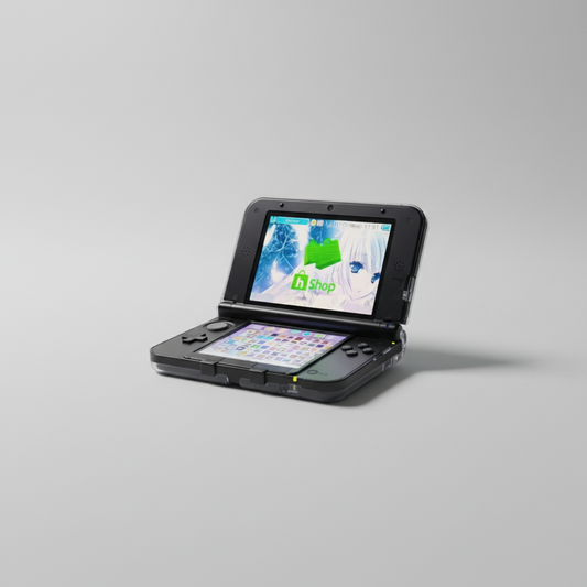 Black handheld gaming device with a screen displaying a game on a gray background Modified Nintendo 3DS XL with custom firmware, Luma3DS, homebrew apps, emulators, customizable themes, and enhanced performance features. Red Nintendo 3DS with a game displayed on a desk with computer equipment. Handheld 128gb 256gb custom firmware emulators anemone h shop modded 3ds 3dsxl new2dsxl 2ds N3DSXL new gaming retro handheld