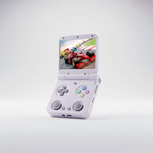 Handheld gaming console with a racing game displayed on the screen against a white background MIYOO Flip V2 retro handheld gaming console with clamshell design, 3.5-inch IPS 640×480 screen, RK3566 quad-core CPU, dual analog sticks, 1GB RAM, 64GB microSD support, Wi-Fi, Bluetooth, USB-C charging, 3000mAh battery, metal hinge, and upgraded controls for multi-system emulation.