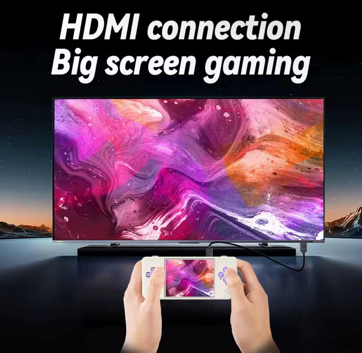 Person playing a game on a smartphone with a large screen TV displaying colorful abstract art in the background. 1. Modded ANBERNIC handheld gaming console with 5000+ retro games and 64GB SD card
2. ANBERNIC retro handheld console featuring 5000+ preloaded games and 64GB storages