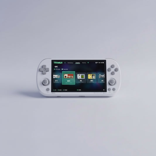 Handheld game console Trimui Smart Pro with promotional text and graphics on a white background 128GB microSD 256GB 64GB No SD handheld console linux