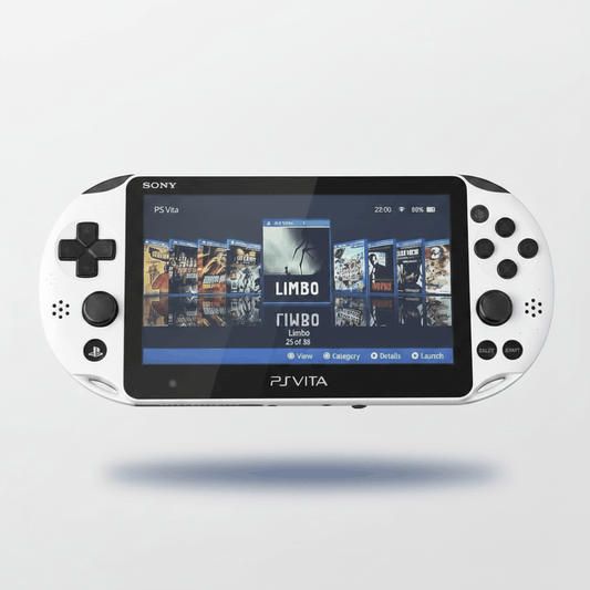 Sony PS Vita 2000 Glacier White modded handheld console showing custom firmware game library with 38 pre-installed games - ModxGaming UK