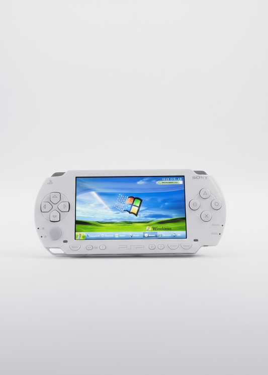 White handheld gaming console with screen displaying a Windows-themed wallpaper on a white background “Ceramic white modded PSP 1000 with 128GB SD card, custom firmware, pre installed games and retro emulators”
“Sony PSP 1000 ceramic white jailbroken handheld console, 128GB memory card, emulator and game bundle installed”
“PSP 1000 ceramic white custom firmware system with 128GB SD card, fully modded and ready to play”