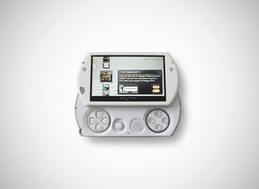 White handheld gaming console with screen displaying text on a white background White Sony PSP Go handheld console modded with custom firmware, emulators pre-installed, retro gaming device supporting PlayStation, NES, SNES and Game Boy games, portable classic gaming console