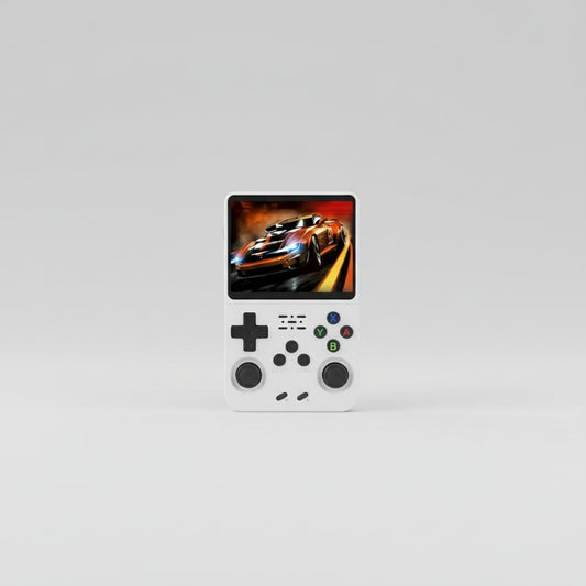 Handheld gaming console with screen displaying a car game, white console on a white background. “64GB handheld gaming console with high-resolution screen and built-in games.”
“Portable 64GB retro gaming handheld device with dual controls.”
“64GB handheld game system for retro games and portable entertainment.”