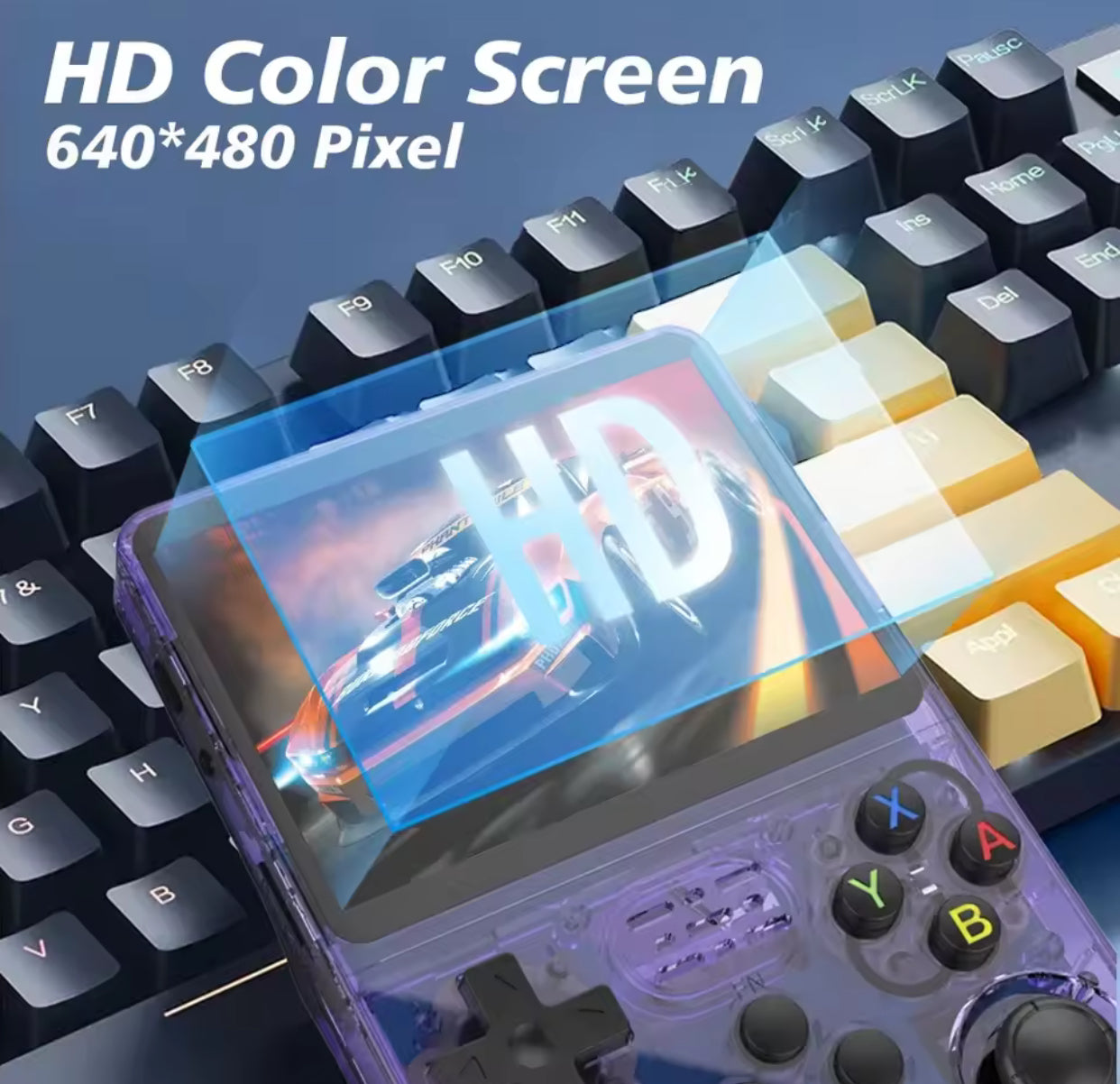 Handheld gaming console with transparent screen on a keyboard background, displaying 'HD' text.