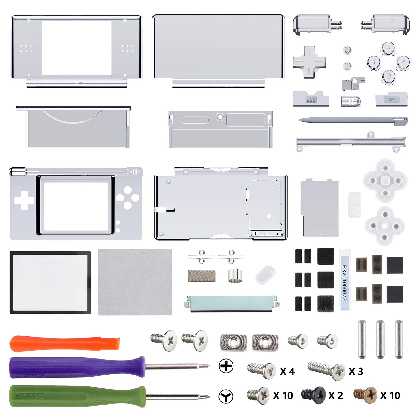 Chrome silver Nintendo DS Lite full replacement shell mod kit with all buttons, D-pad, stylus, screen lens, hinges, rubber pads, screws, and three screwdrivers on white background