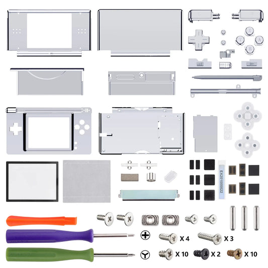 Chrome silver Nintendo DS Lite full replacement shell mod kit with all buttons, D-pad, stylus, screen lens, hinges, rubber pads, screws, and three screwdrivers on white background