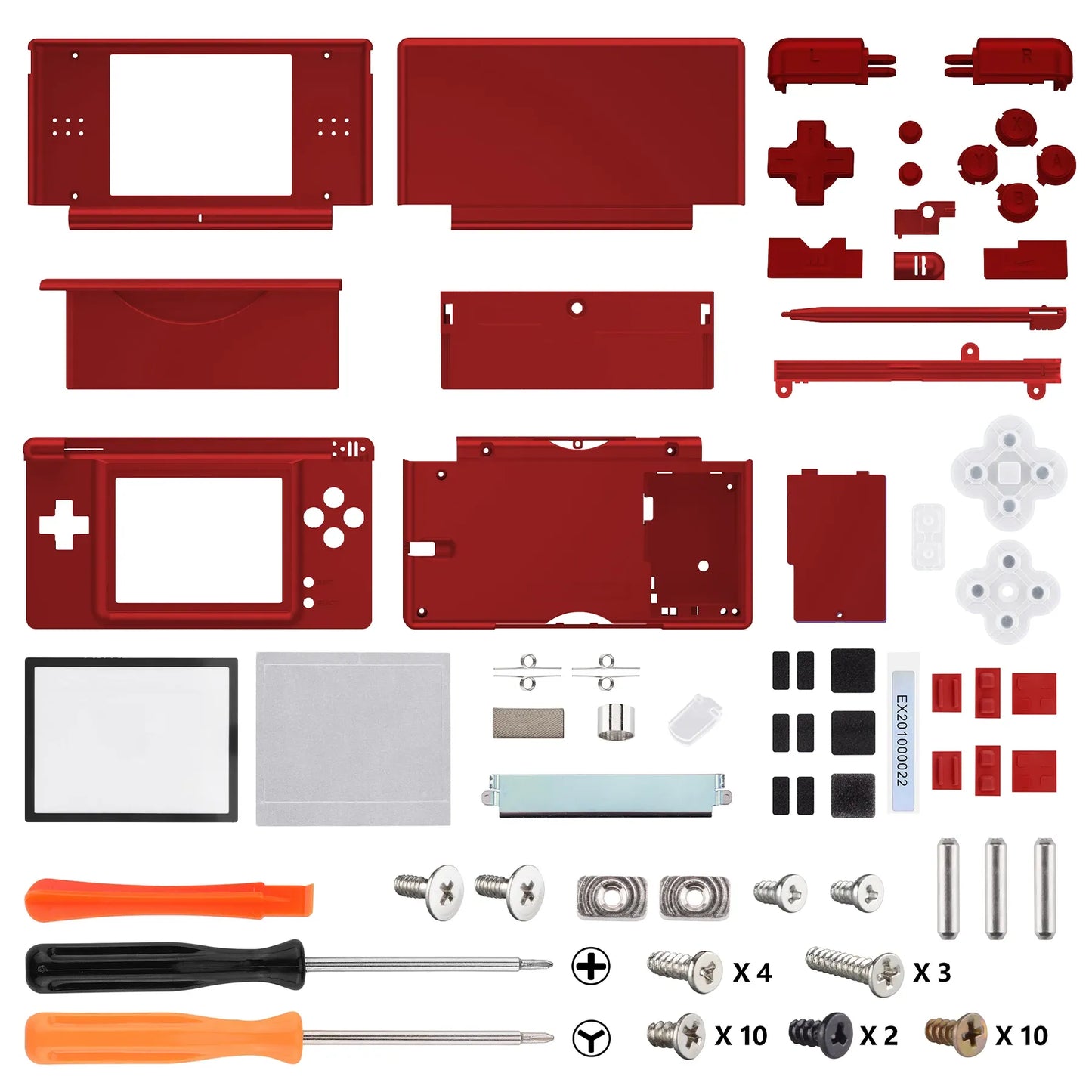 Red Nintendo DS Lite complete housing replacement kit on white background with red ABXY buttons, D-pad, stylus, screen lens, full screw set, hinges, and tools included