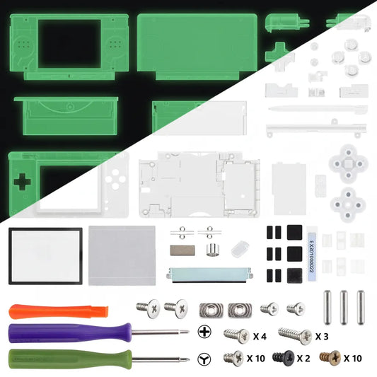 Glow in the dark green Nintendo DS Lite replacement housing kit showing glowing and non-glowing views with complete button set, hinges, screen lens, screws, and tools included