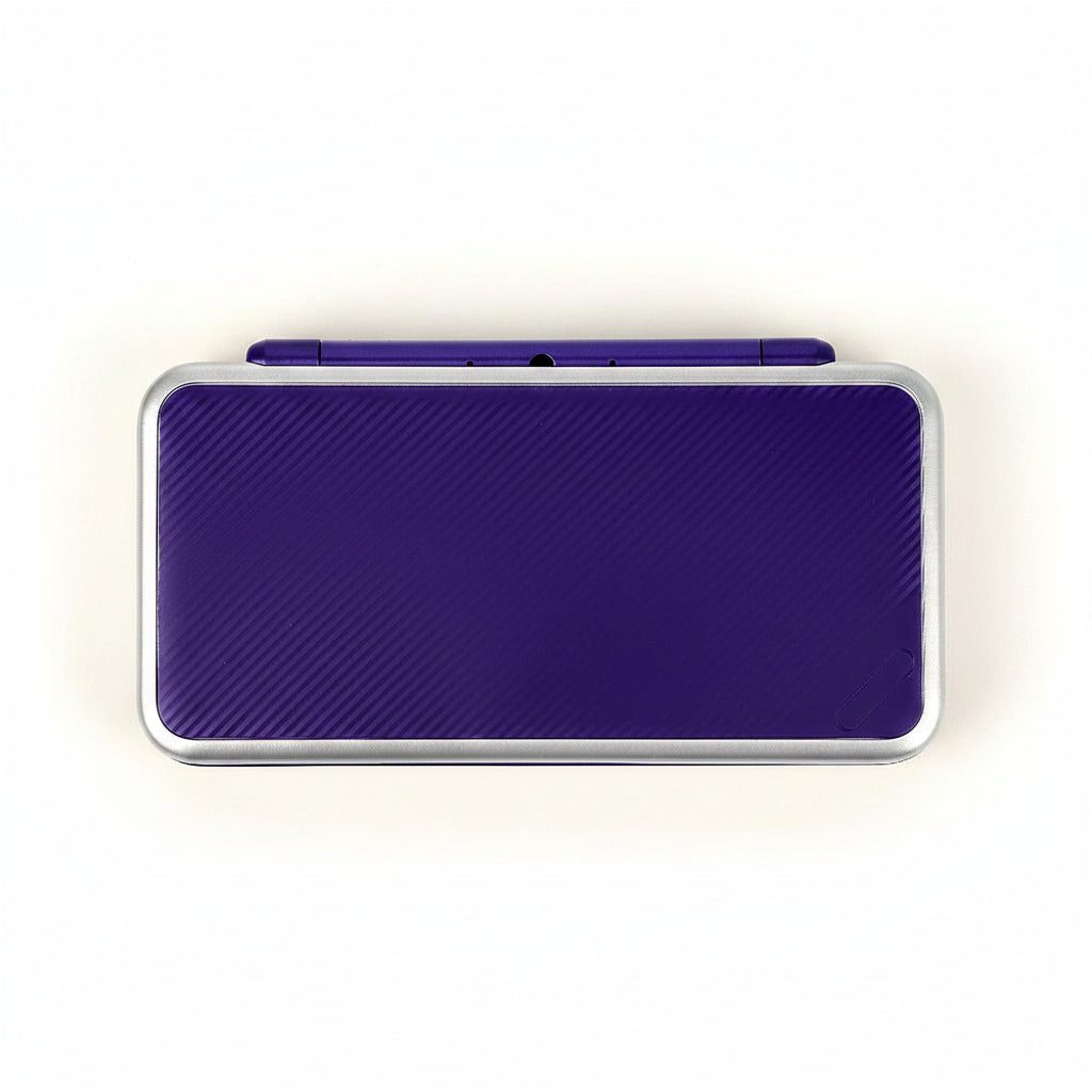 Assembled Amethyst Nebula New 2DS XL shell showing purple carbon finish and chrome silver trim