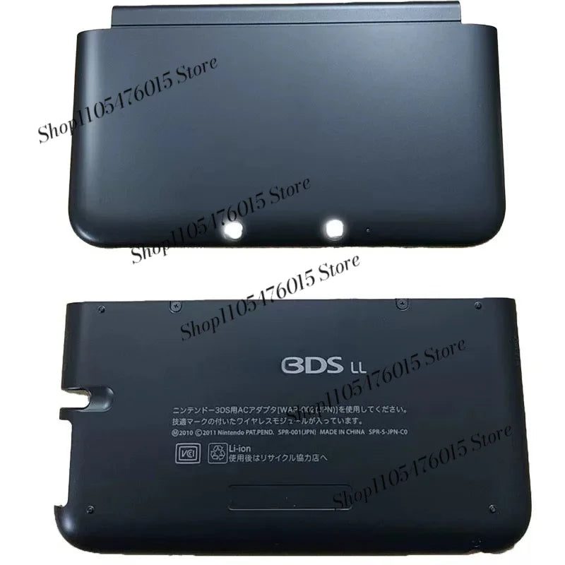 Black 3DS XL aftermarket front and back cover plates on a plain background, buy replacement shell online UK