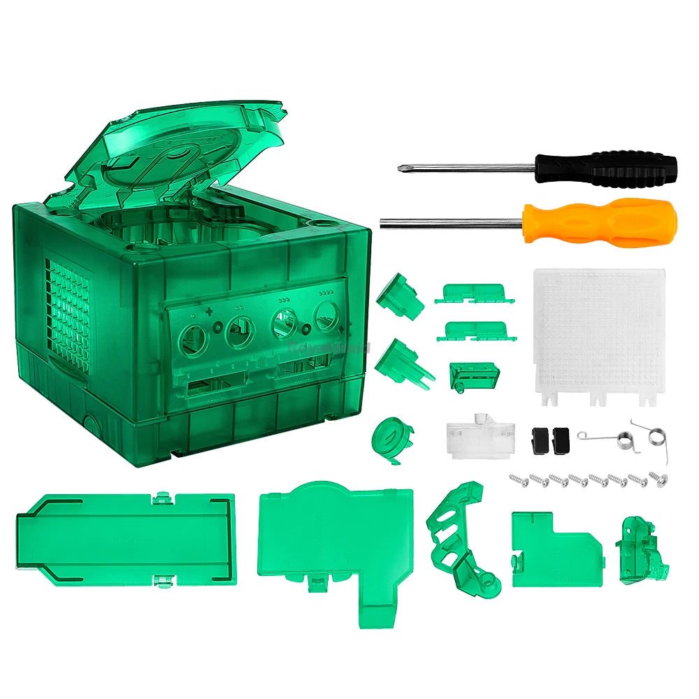 See-through green GameCube housing panels for a custom crystal console mod, buy clear GameCube shell online UK