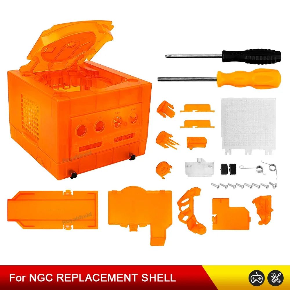 See-through orange GameCube housing panels for a custom crystal console mod, buy clear GameCube shell online UK