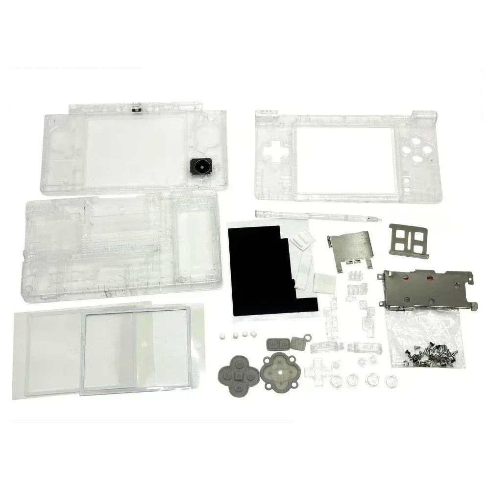 Full Drift King clear DSi replacement shell kit flat-lay on white with buttons, frames and screws