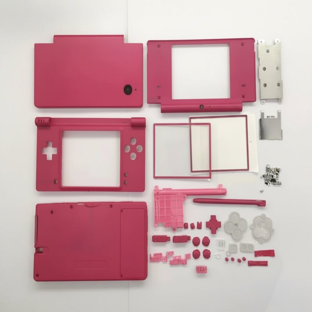 Full Echo Line magenta DSi shell kit flat-lay on white with lid, screens, buttons and d-pad