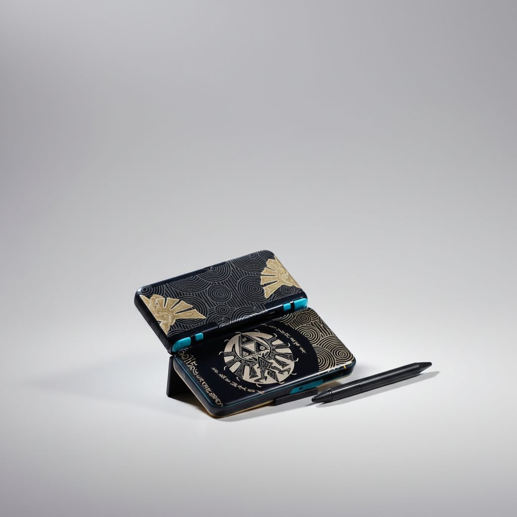 Ember Glow New 2DS XL shell with gold mandala artwork and teal accents, displayed open on grey