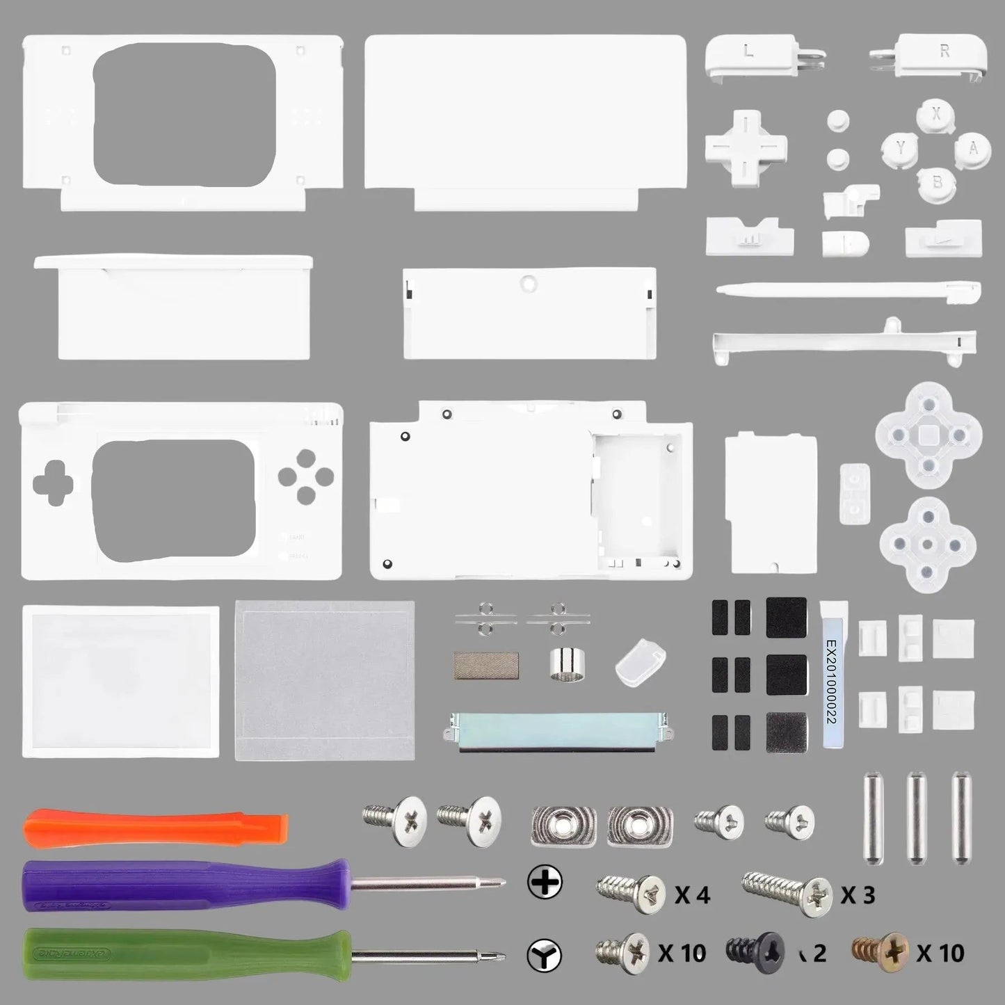 Complete glacier white DS Lite replacement shell kit on grey background with buttons, screws and tools, ModxGaming UK