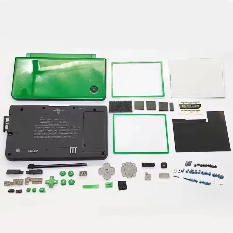 Green Nintendo DSi XL replacement housing with buttons and screen lenses on a clean white background - ModxGaming UK
