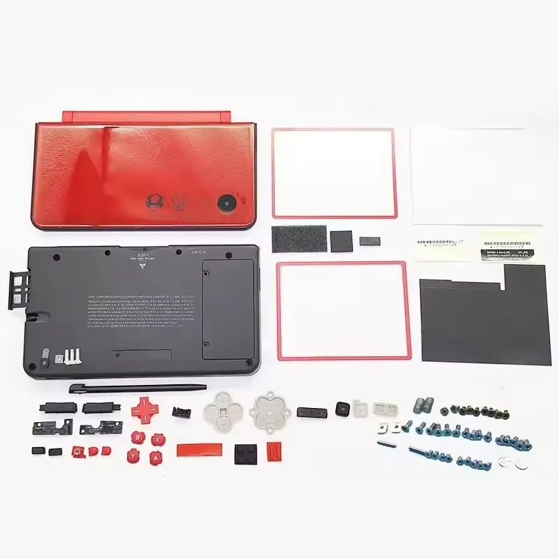 Bright red Mario Nintendo DSi XL replacement housing and full parts set on a white background, from ModxGaming UK
