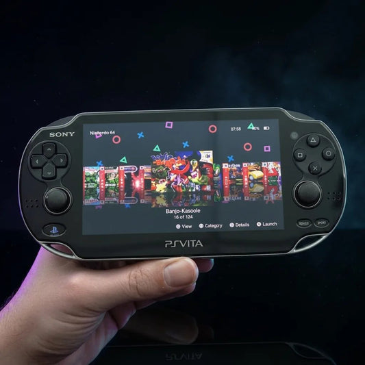 Modded PS Vita 1000 OLED held in hand, vivid OLED display with a preinstalled game library, custom firmware handheld UK