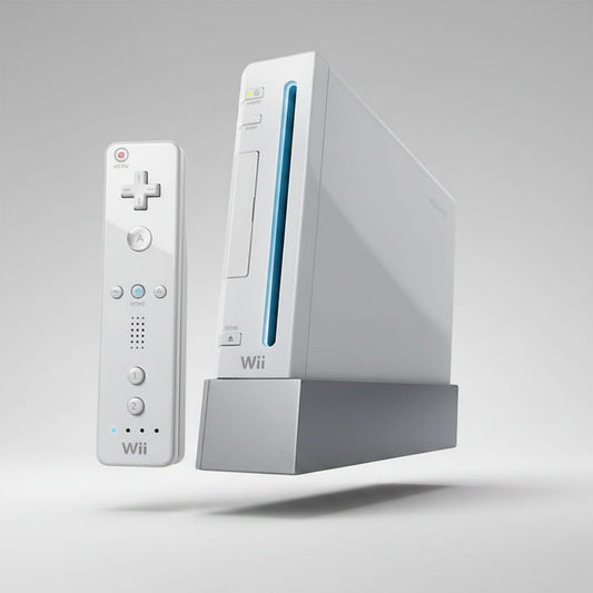 White Nintendo Wii modded console upright on its stand with Wiimote, homebrew channel installed, UK stock