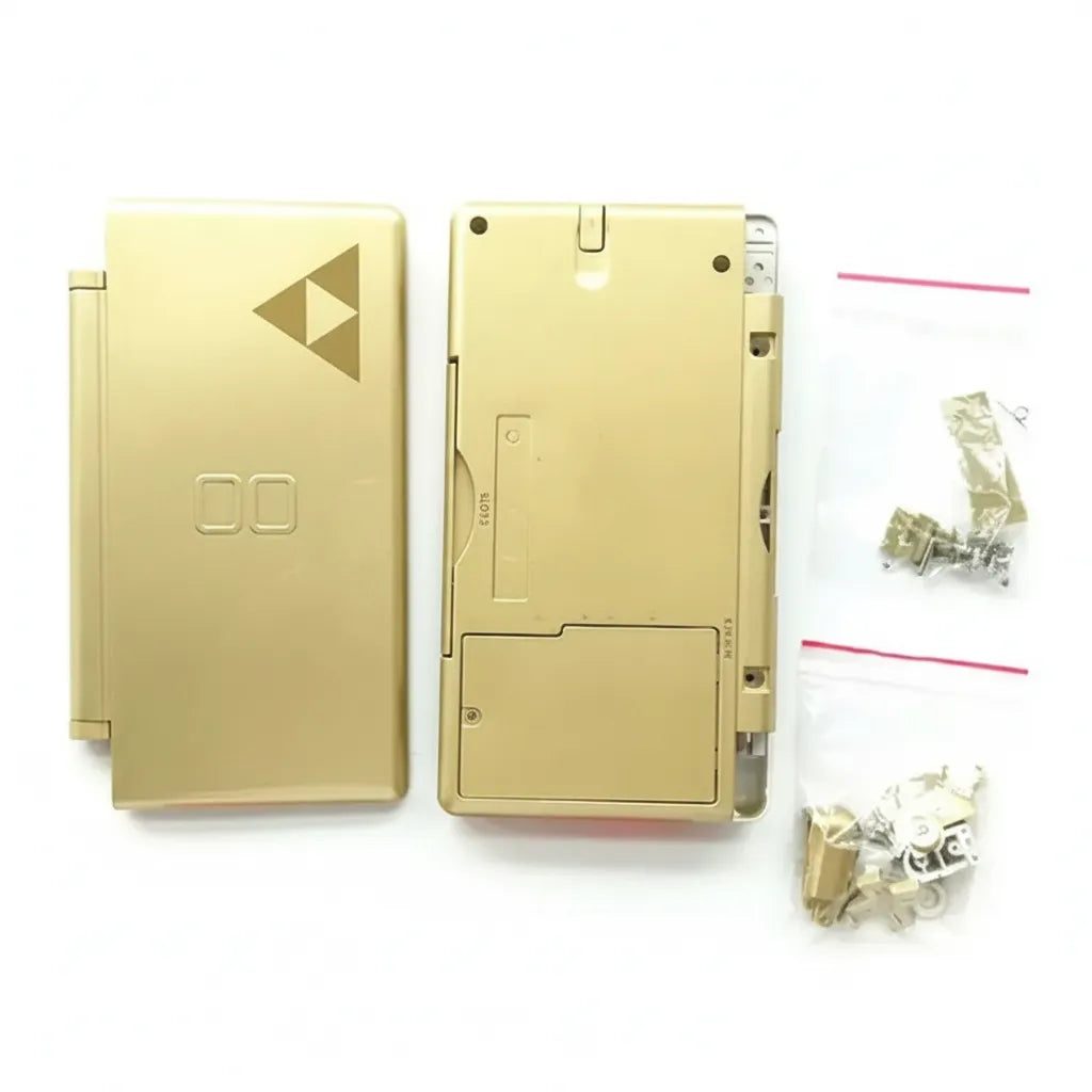 Royal Aurum gold DS Lite replacement housing kit with front and back Triforce covers and screws on white, buy online UK
