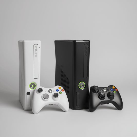 Black and white modded Xbox 360 consoles with wireless controllers - custom firmware and retro game emulators included