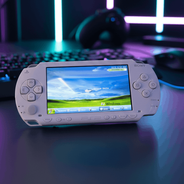 Modded PSP handheld console with custom firmware on gaming desk with RGB lighting and keyboard