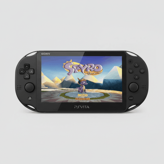 Modded black PSVita with custom firmware and pre installed games on white backround