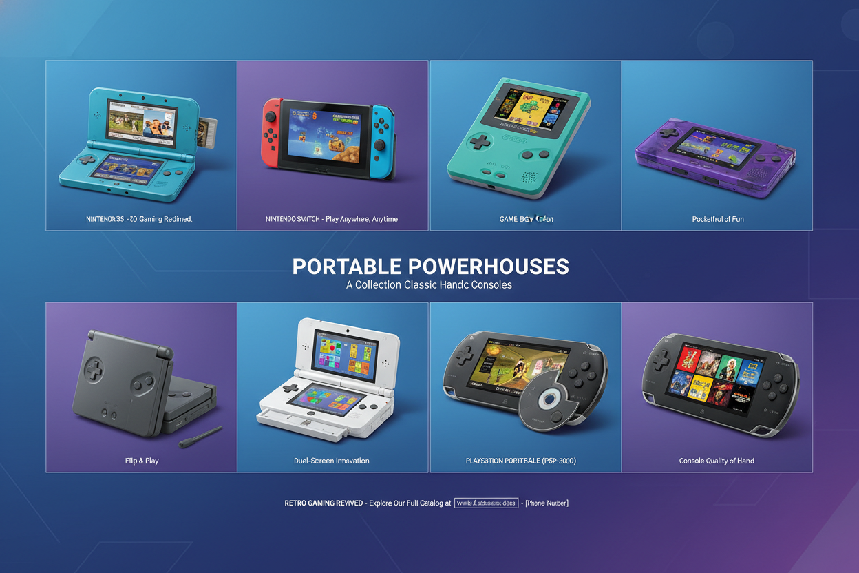 Catalog of retro handheld gaming consoles with product images and specifications.”  “Retro handheld gaming catalog showcasing classic portable consoles and accessories.”