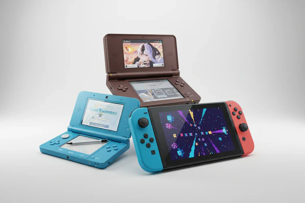 Modded retro gaming consoles including Nintendo 3DS and Switch with custom firmware and accessories