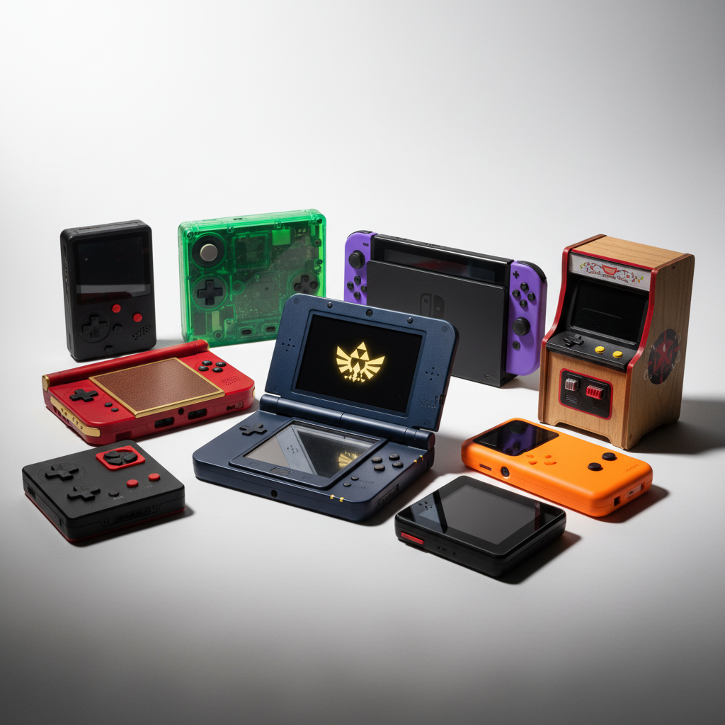 Modded handheld gaming consoles displayed together.”  “Collection of custom handheld gaming devices.”  “Assorted modded portable game consoles.”