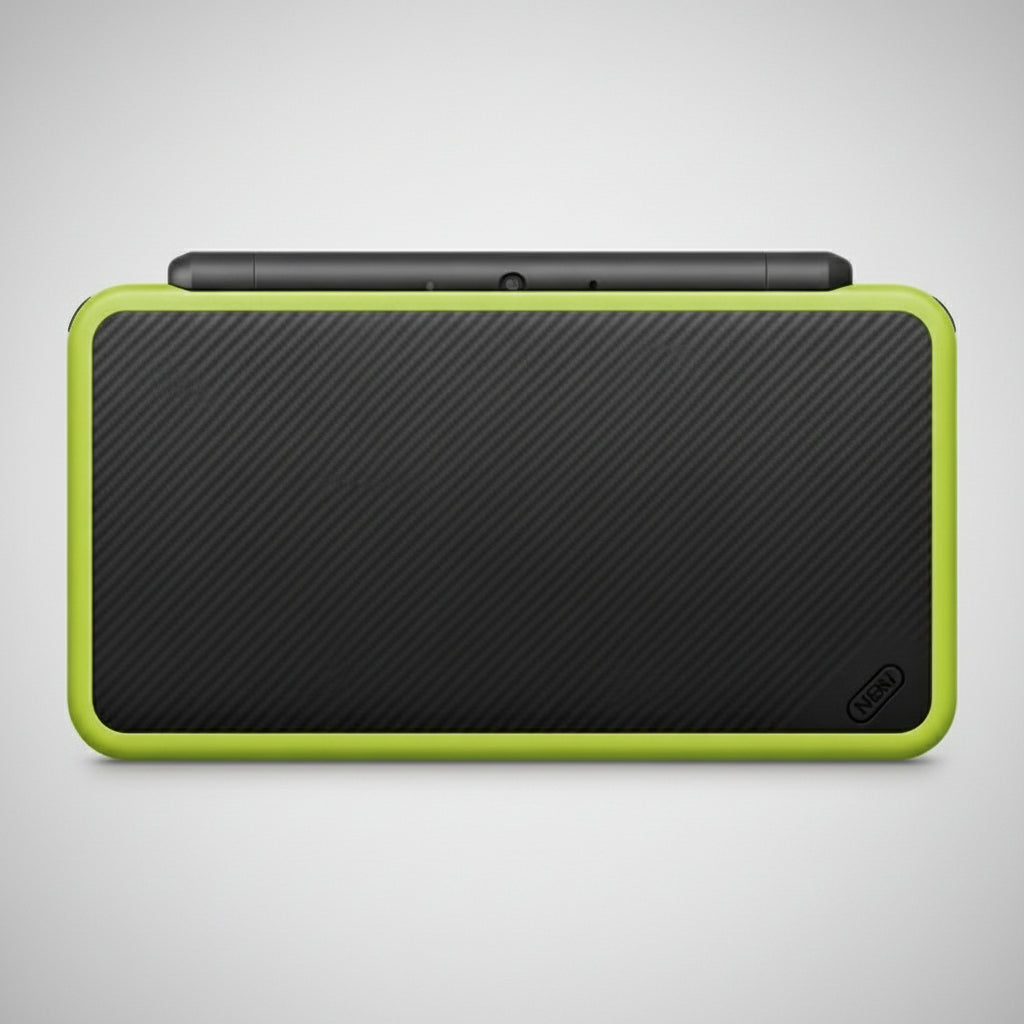 Black and green electronic device on a gray background White handheld gaming console with dual screens on a desk with colorful lighting Modded New Nintendo 2DS XL with Luma custom firmware, 128GB SD card, emulators, homebrew apps, and pre-installed software, displayed in excellent condition for retro and 3DS gaming.