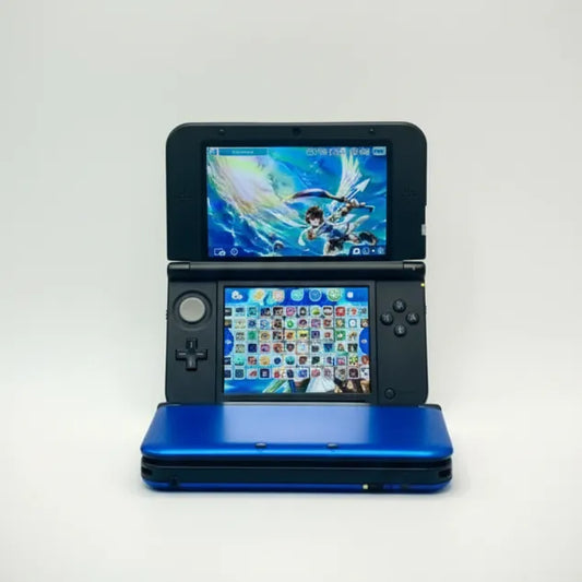 Modded Nintendo 3DS XL open showing top and bottom screens, custom firmware and pre-installed games – ModxGaming UK