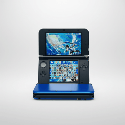 Blue Nintendo 3DS XL modded console with pre-installed games library displayed on screen, white studio background