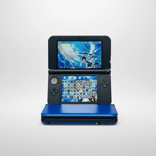 Blue Nintendo 3DS XL modded console with pre-installed games library displayed on screen, white studio background