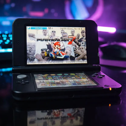 Modded Nintendo 3DS XL open on gaming desk with neon purple lights and preloaded game library