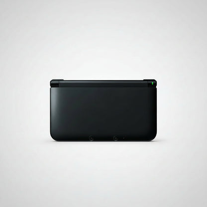Black electronic device on a white background Black handheld gaming device with a screen displaying a game on a gray background Modified Nintendo 3DS XL with custom firmware, Luma3DS, homebrew apps, emulators, customizable themes, and enhanced performance features.