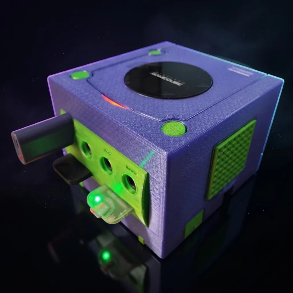 Assembled 3D printed purple and green Nintendo GameCube console shell on display, custom modded GameCube housing UK