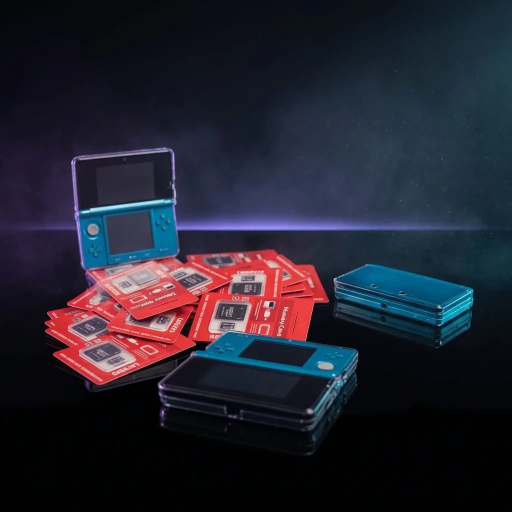 Turquoise modded 3DS console with stack of red game cases in studio lighting, 3DS custom modding service UK