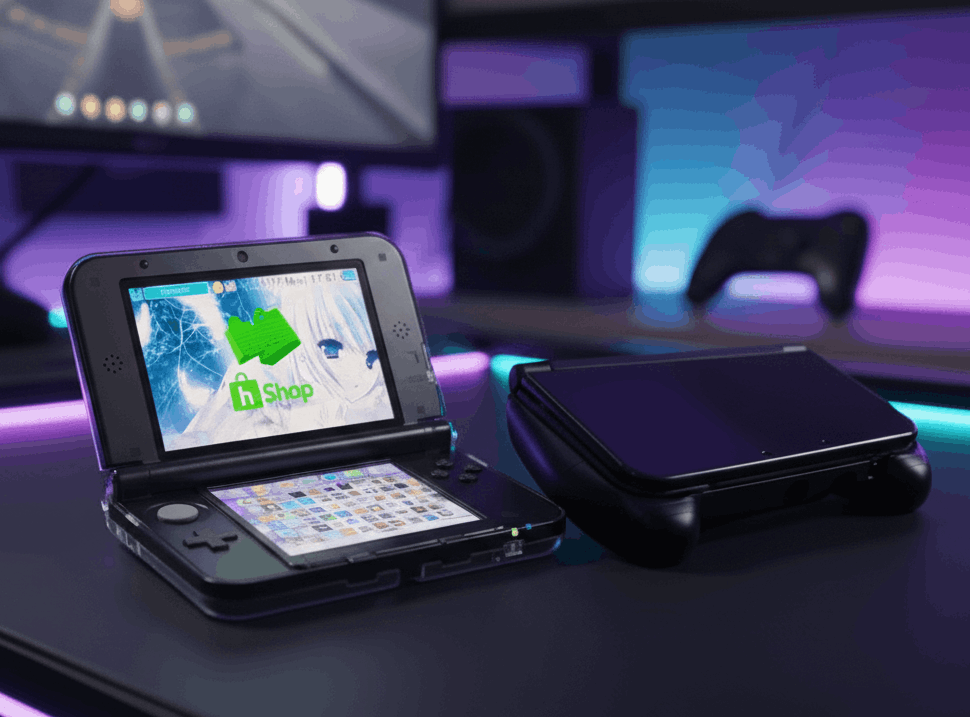 Nintendo 3DS XL console with custom firmware and pre-installed games in gaming setup