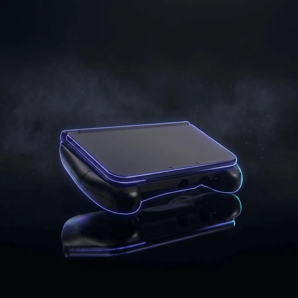 Nintendo 3DS XL in a black ergonomic hand grip on a dark studio surface with blue rim lighting – ModxGaming UK