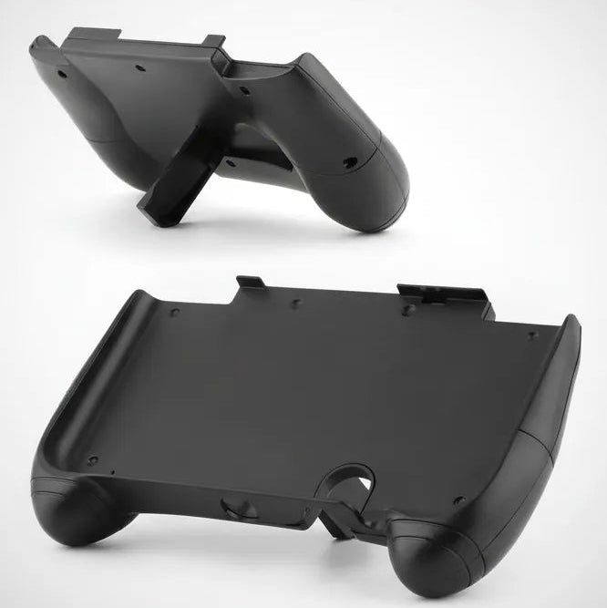 Black 3DS XL ergonomic hand grip shown front and back with fold-out stand, comfortable grip accessory UK